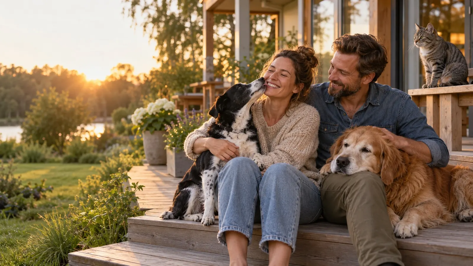 Familie mit Hund und Katze im Wohnzimmer bei Hamburg