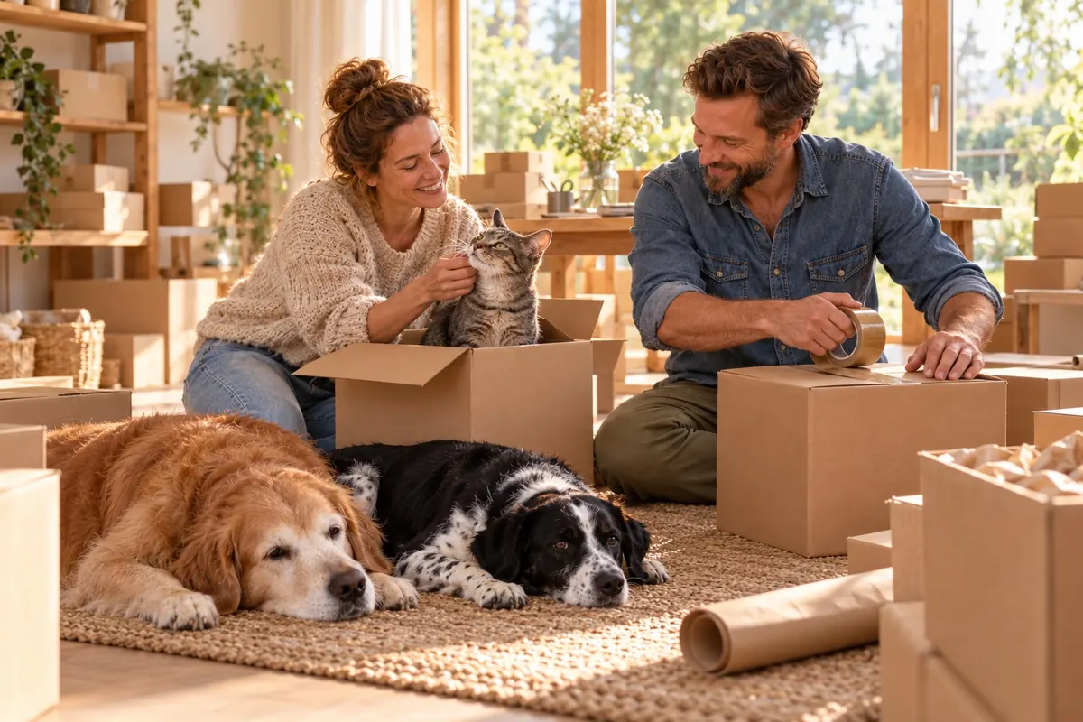 Liebevoll gepacktes Paket mit neugierigem Hund am Tisch