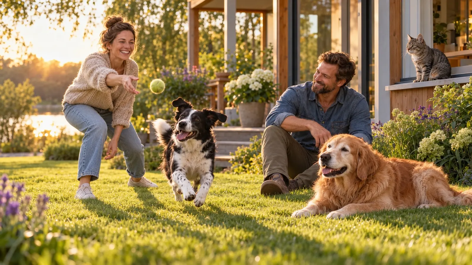 Paar mit Hunden und Katze bei Sonnenuntergang im Wohnzimmer