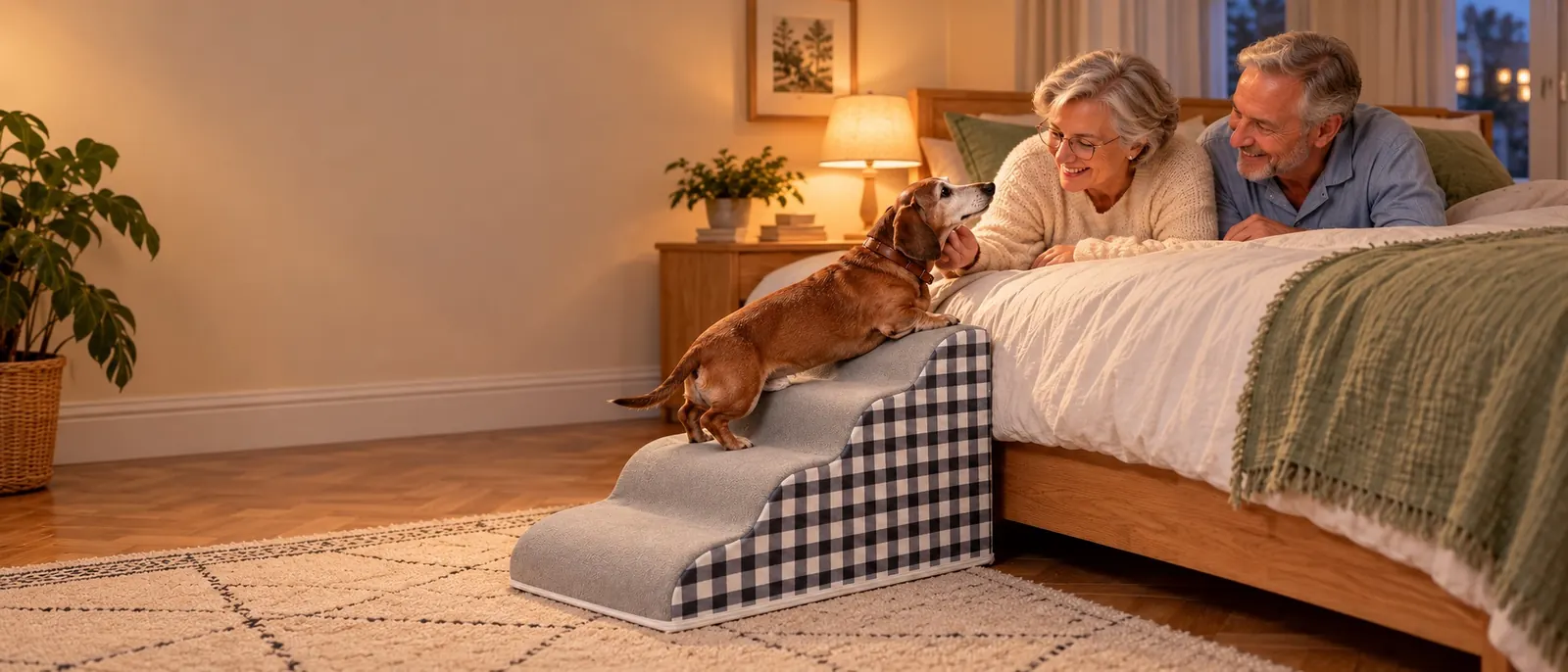 Älterer Dackel steigt eine Hundetreppe zum Sofa hinauf