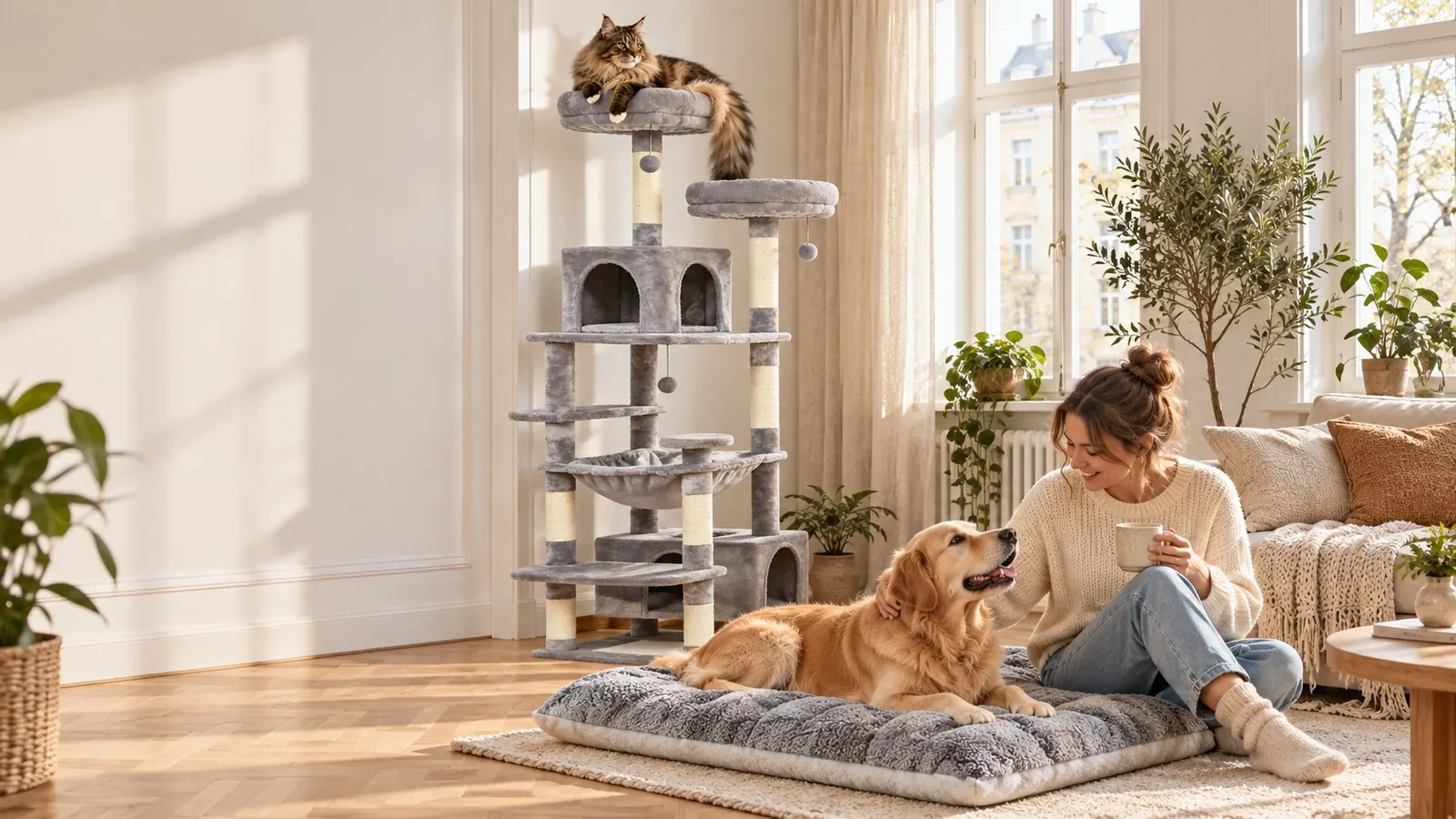 Maine-Coon-Katze auf einem Kratzbaum und Golden Retriever in einem großen Hundebett im hellen Wohnzimmer