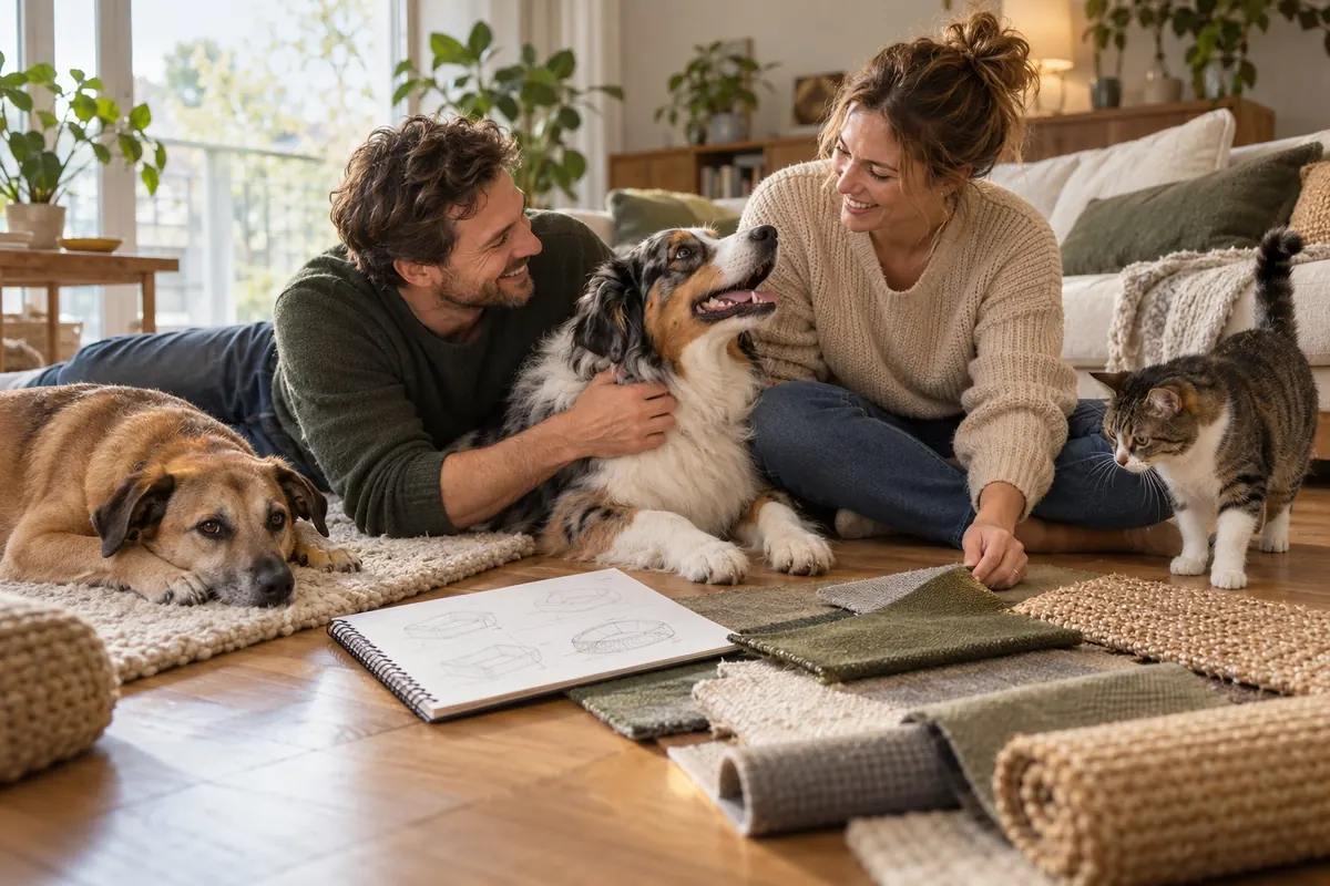 Paar mit zwei Hunden und einer Katze im Wohnzimmer