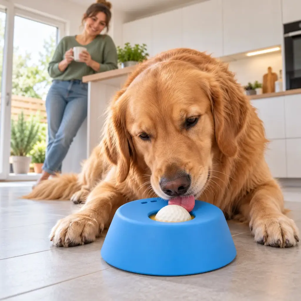 Golden Retriever leckt Brühe aus dem Anti-Schling-Napf mit Rollkugel in einer hellen Küche
