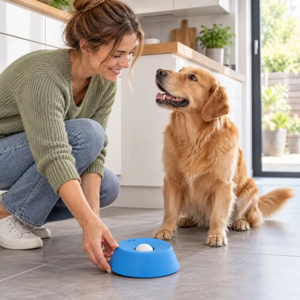 Junge Frau stellt ihrem Golden Retriever den blauen Napf hin