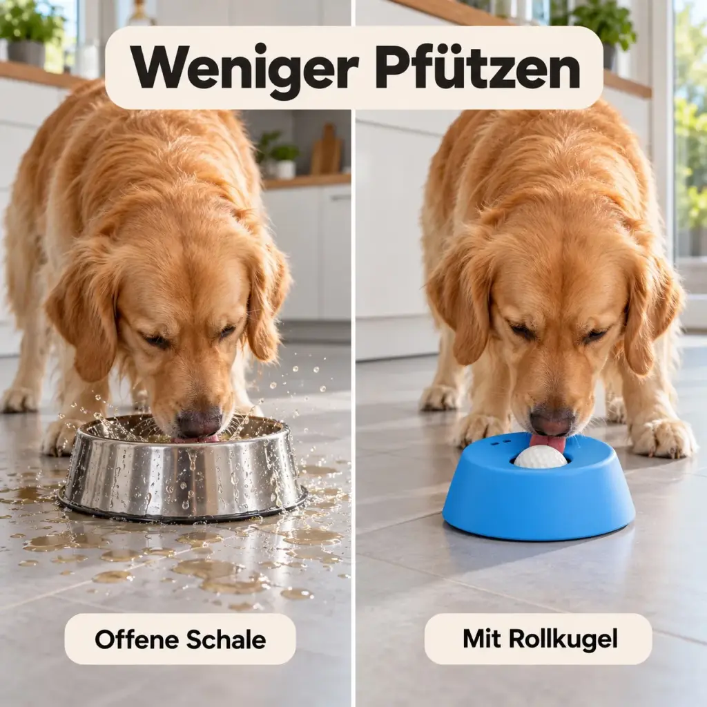Vergleich: offene Schale mit Pfütze und sauberer Boden neben dem Rollkugel-Napf