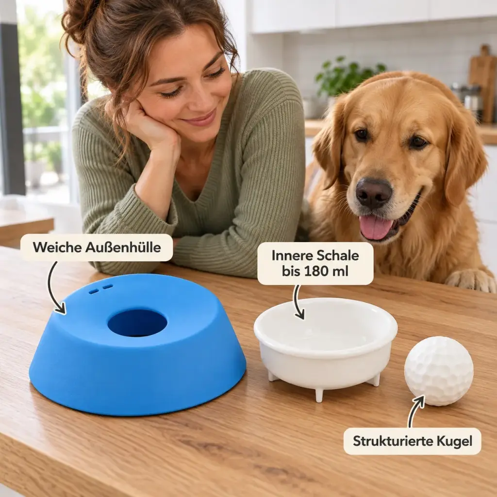 Einzelteile des Napfs: Außenhülle, innere Schale bis 180 ml und Kugel