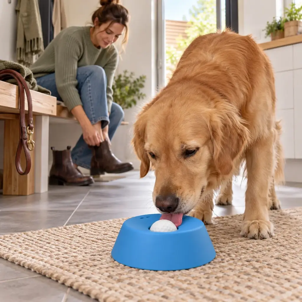 Golden Retriever schleckt nach dem Spaziergang langsam aus dem Napf