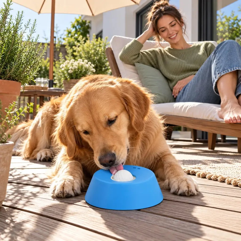 Hund schleckt auf der Terrasse im Sommer verdünnten Joghurt aus dem Napf