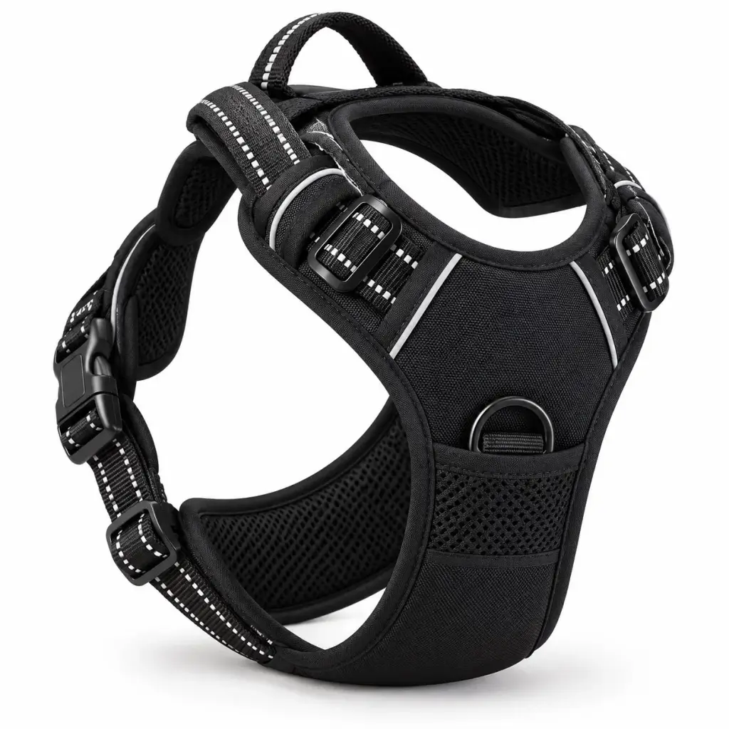 Schwarzes gepolstertes Anti-Zieh-Hundegeschirr mit Brustring und Griff auf weißem Hintergrund