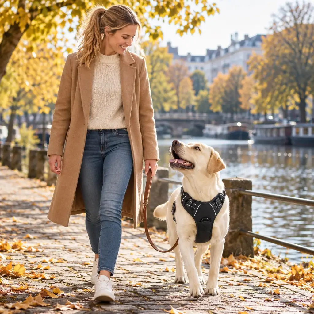 Junge Frau geht mit ihrer Labradorhündin im Anti-Zieh-Hundegeschirr am Kanal entlang