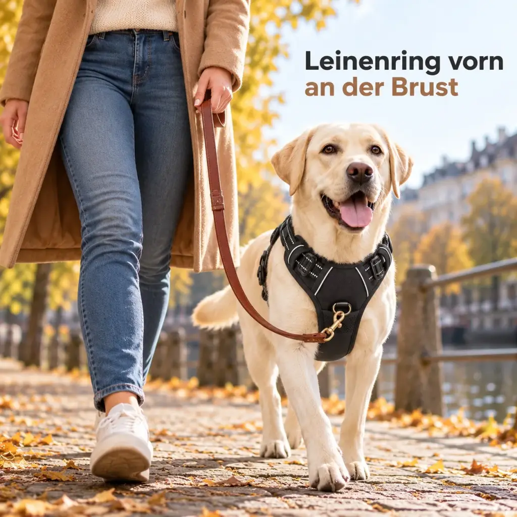 Leine am vorderen Brustring des Hundegeschirrs eingehakt, Hund läuft locker neben der Halterin