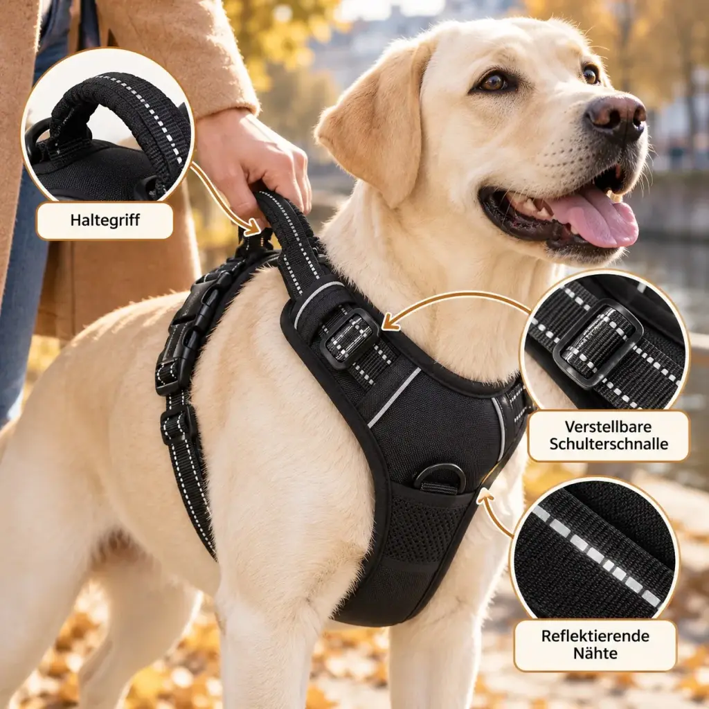 Detail des Hundegeschirrs mit Haltegriff, Schulterschnalle und reflektierender Naht