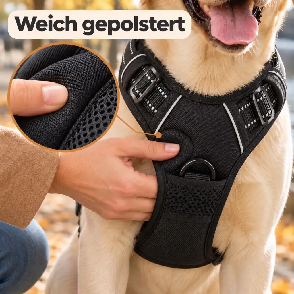 Nahaufnahme der gepolsterten Brustplatte des Hundegeschirrs