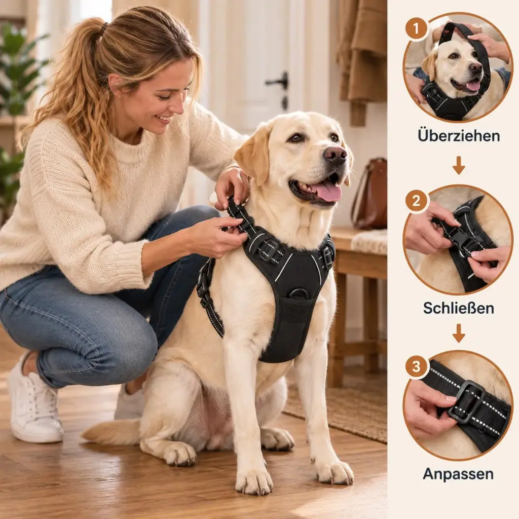 Halterin schließt die Schulterschnalle des Geschirrs am sitzenden Labrador