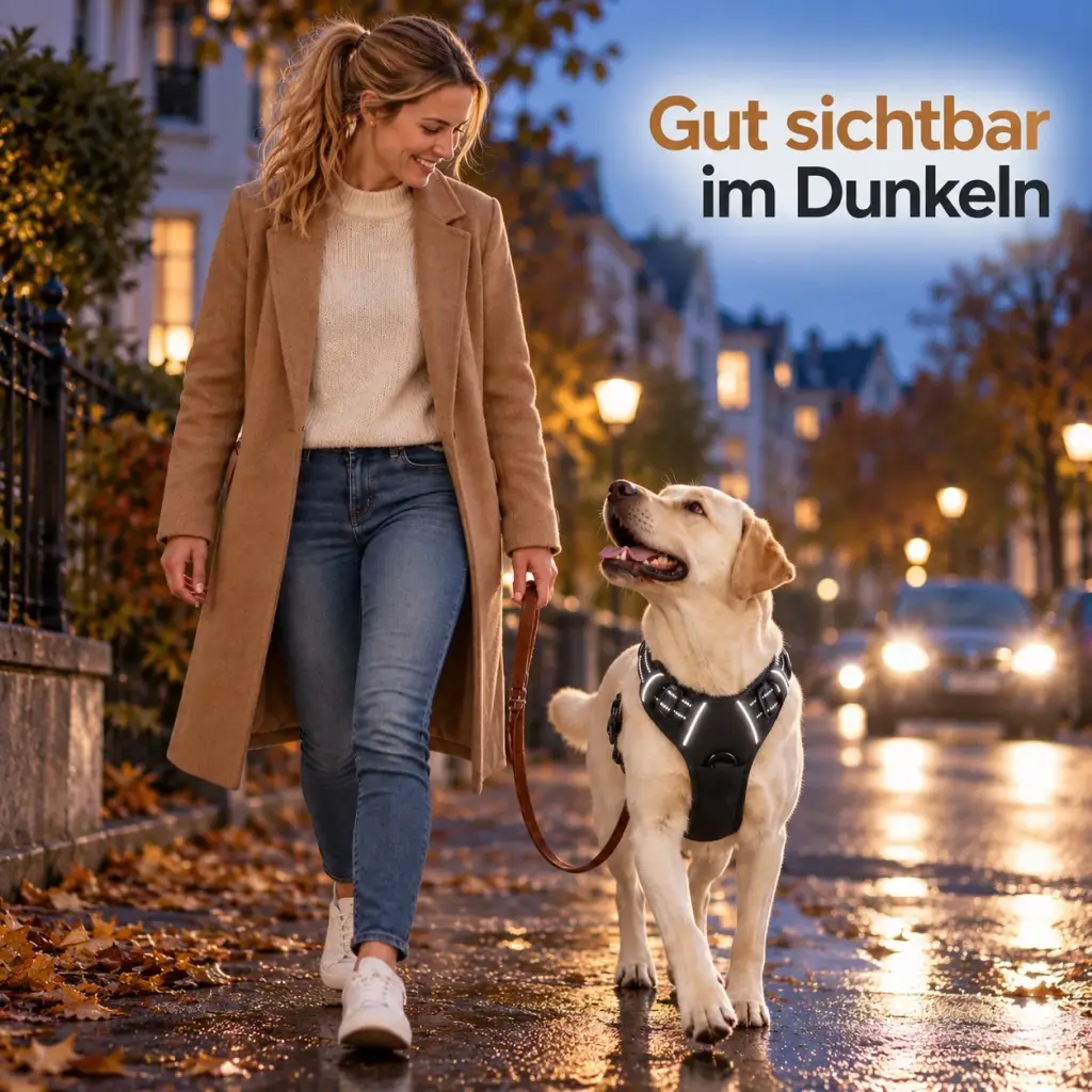 Reflektierende Nähte des Hundegeschirrs leuchten im Scheinwerferlicht bei Dämmerung