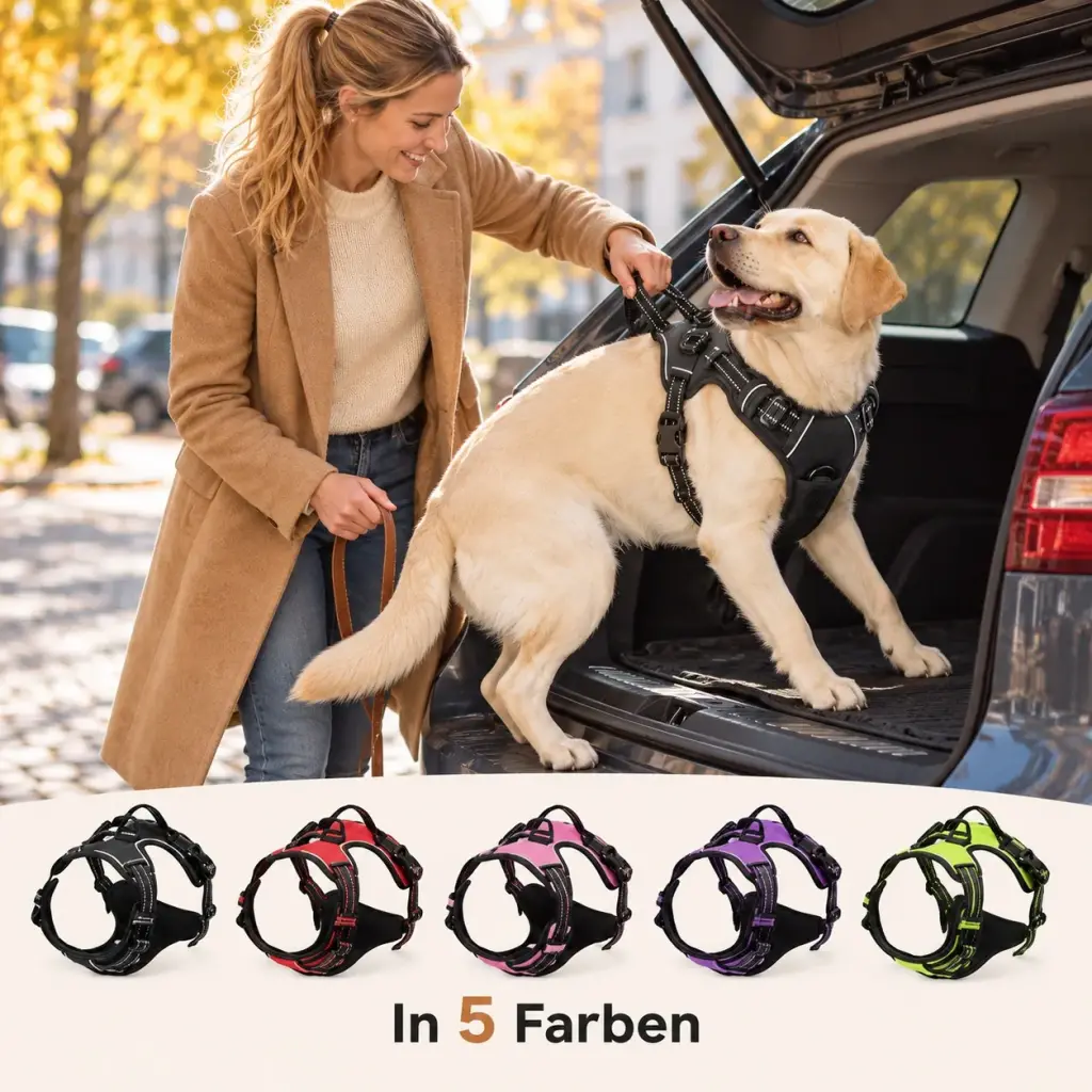 Halterin hilft ihrem Hund mit dem Haltegriff ins Auto