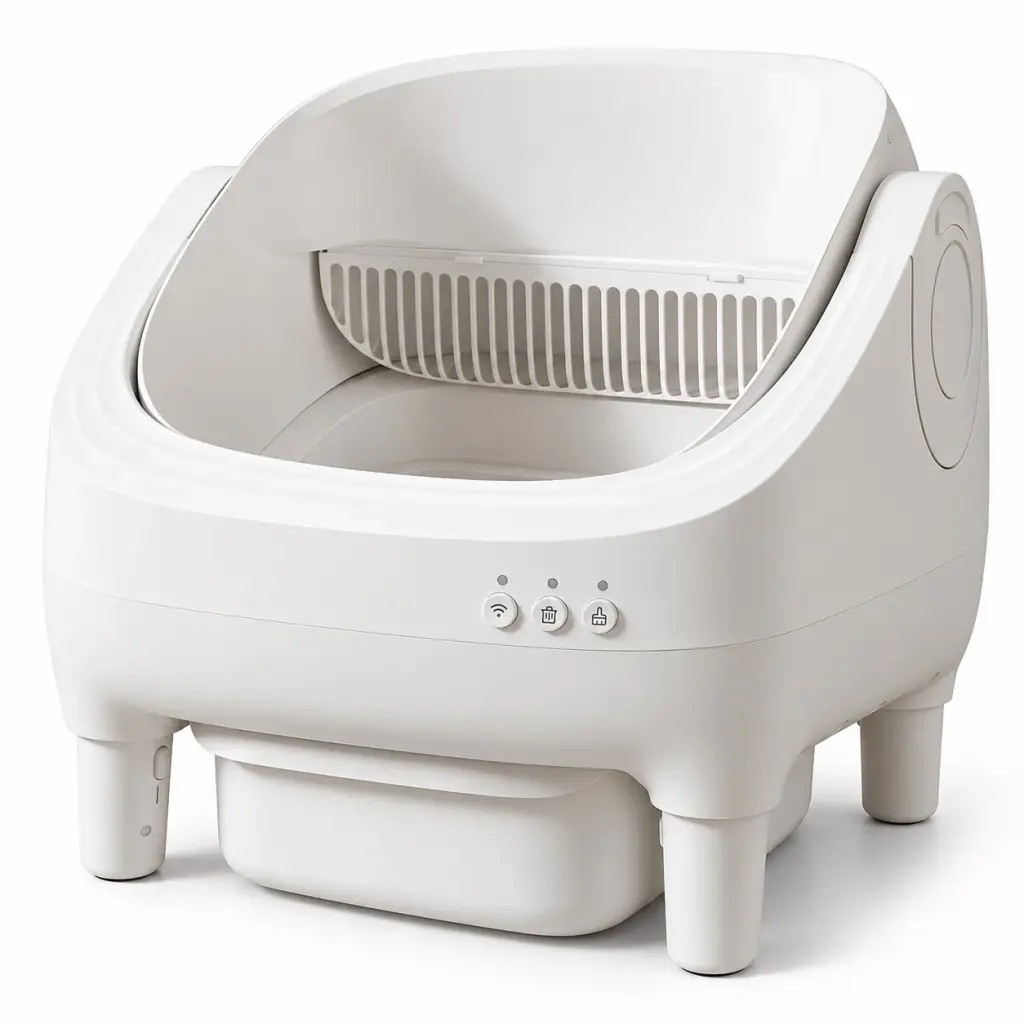 Weiße automatische Katzentoilette ohne Haube auf vier Beinen auf weißem Hintergrund