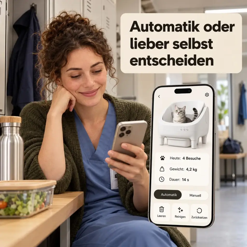 Frau sieht in der App Verlauf und Gewicht ihrer Katze