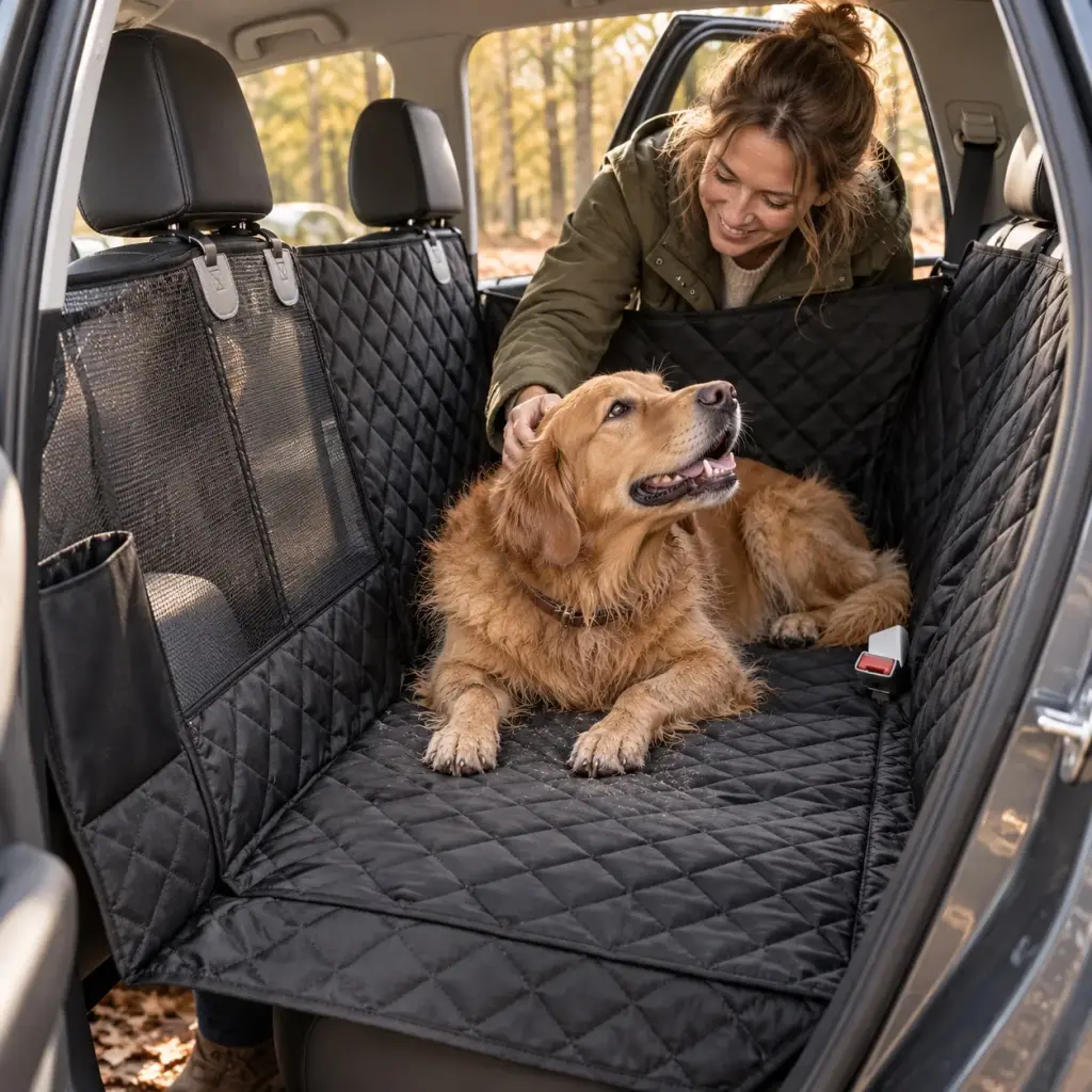 Golden Retriever liegt nach dem Waldspaziergang entspannt auf der Autoschondecke im Rücksitz