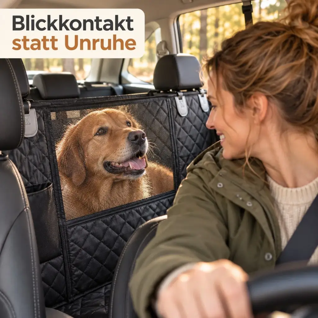 Hund schaut durch das Netz-Sichtfenster zwischen den Vordersitzen zu seiner Besitzerin