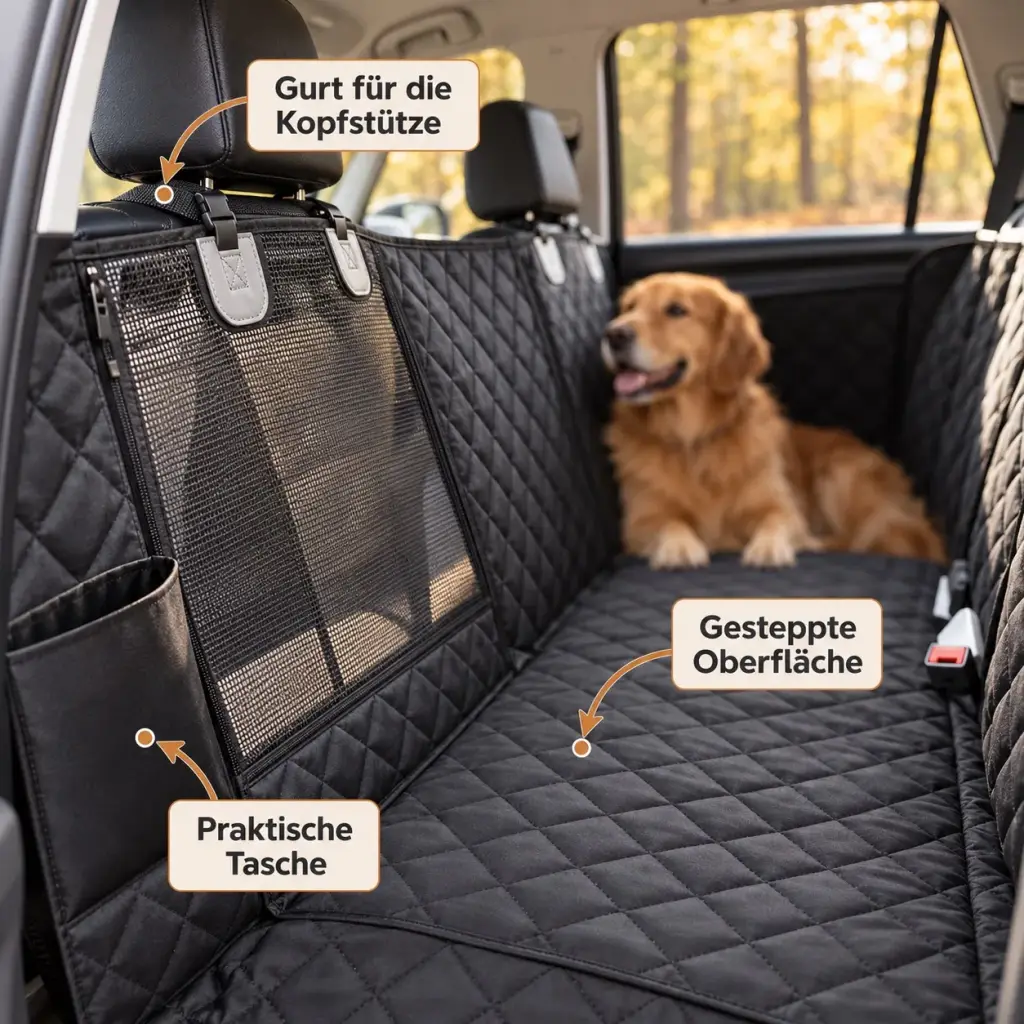 Detailansicht der Autoschondecke mit Steppung, Kopfstützengurt und Tasche