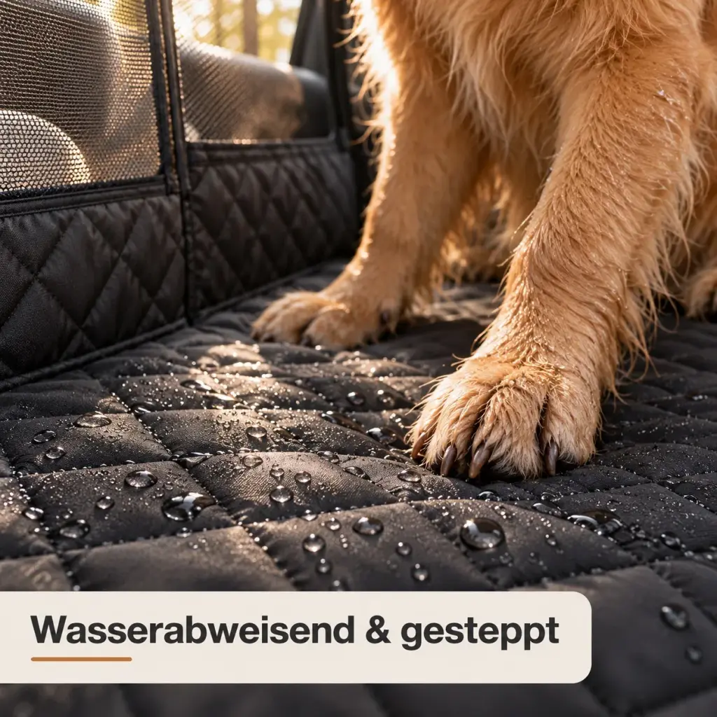 Wassertropfen perlen auf der gesteppten Oberfläche der Autoschondecke ab