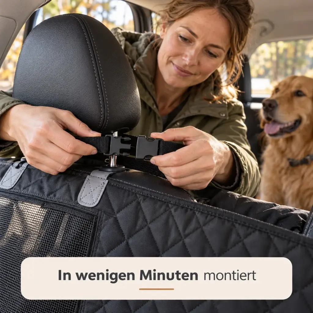 Hand befestigt den Gurt der Autoschondecke an der Kopfstütze