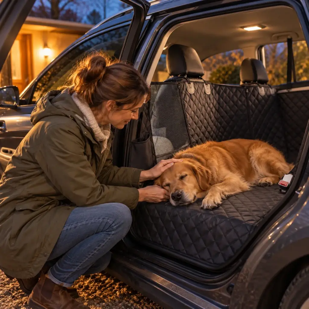 Besitzerin streichelt ihren Hund durch die geöffnete hintere Autotür