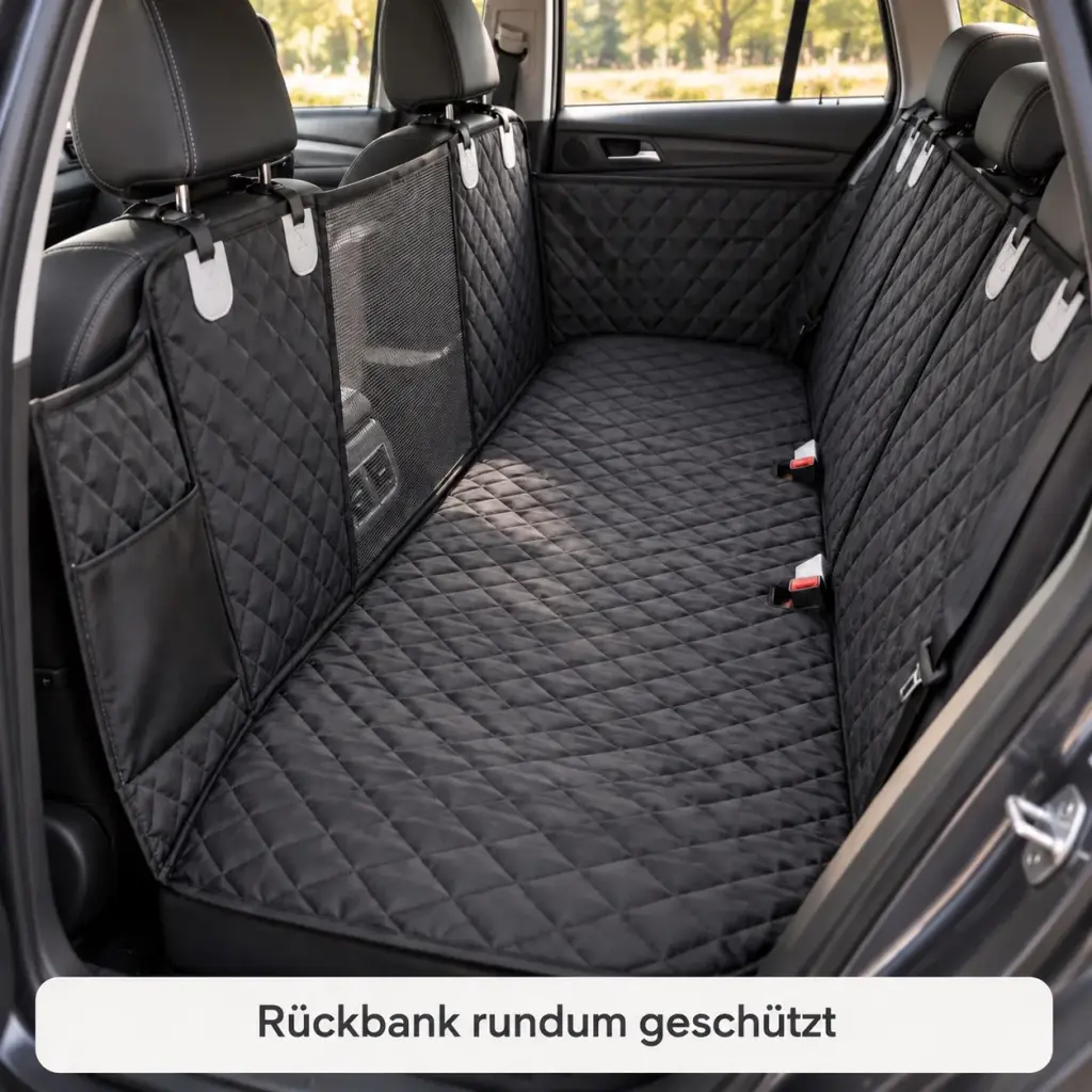 Autoschondecke ausgebreitet auf der Rückbank, Ansicht von oben ohne Hund