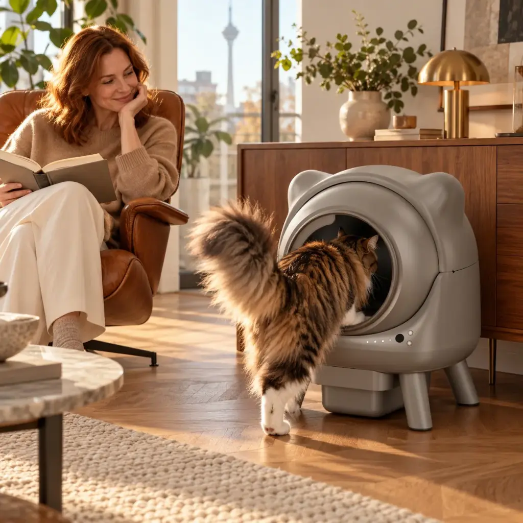 Norwegische Waldkatze steigt in die graue elektrische Katzentoilette im Wohnzimmer