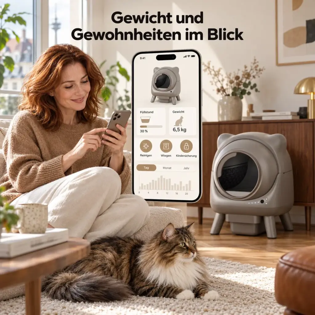 Frau auf dem Sofa sieht in der App das Gewicht ihrer Katze
