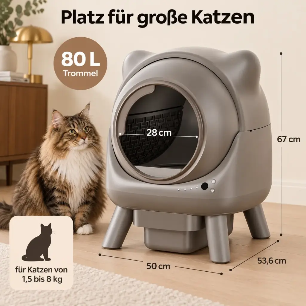 Maße der elektrischen Katzentoilette: 50 × 53,6 × 67 cm, Einstieg 28 cm, 80 L