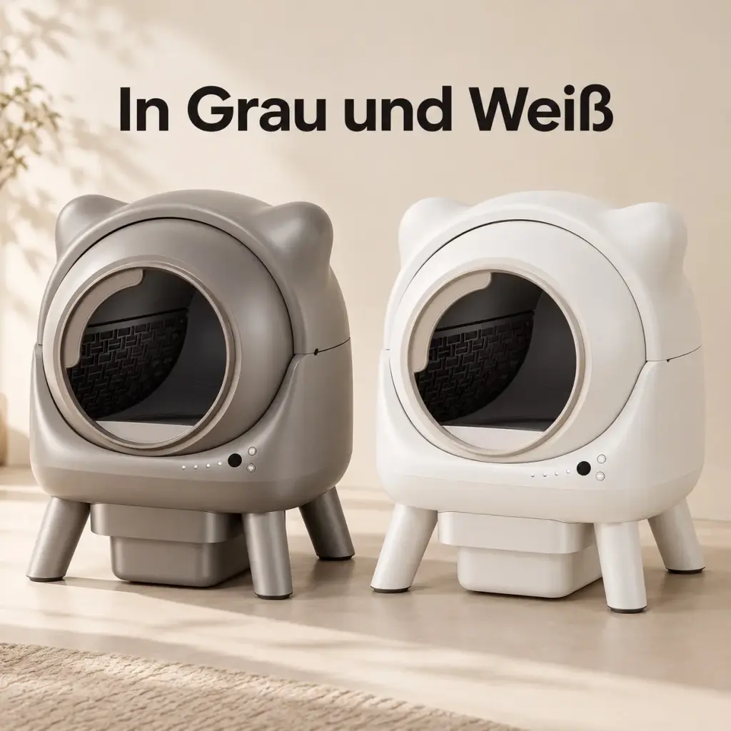 Elektrische Katzentoilette in Grau und Weiß nebeneinander