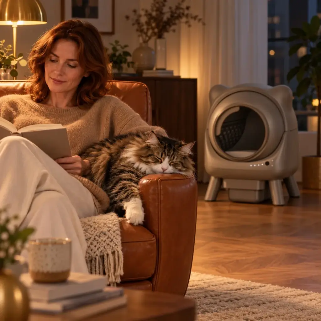 Frau liest abends im Sessel, Katze schläft neben ihr, Katzentoilette im Hintergrund