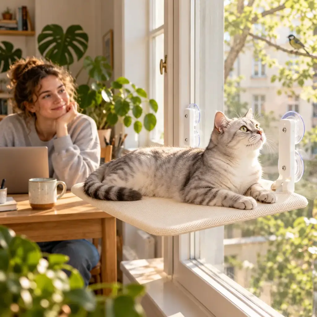 Silbergetigerter Kater liegt auf der Fensterliege und beobachtet Vögel, seine Besitzerin arbeitet im Hintergrund