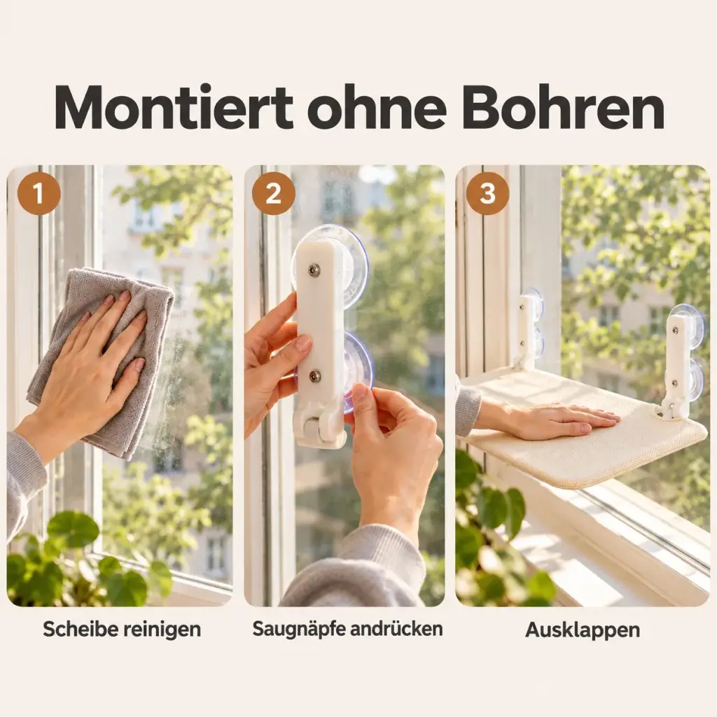 Montage der Fensterliege: Saugnäpfe werden an die saubere Scheibe gedrückt