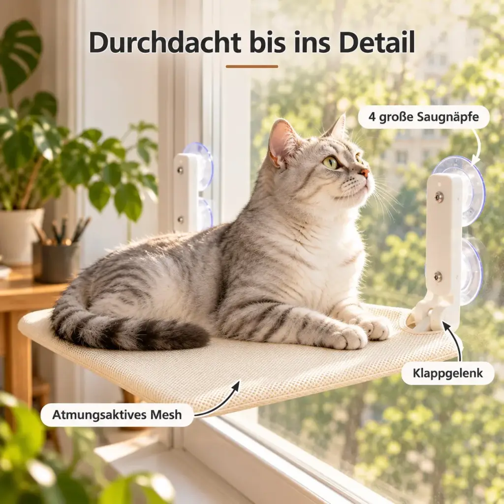 Details der Fensterliege: Saugnäpfe, Klappgelenk und atmungsaktives Mesh