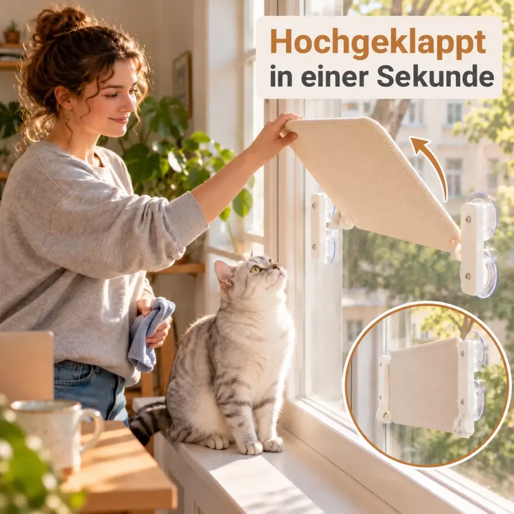 Hand klappt die Fensterliege für Katzen nach oben an die Scheibe