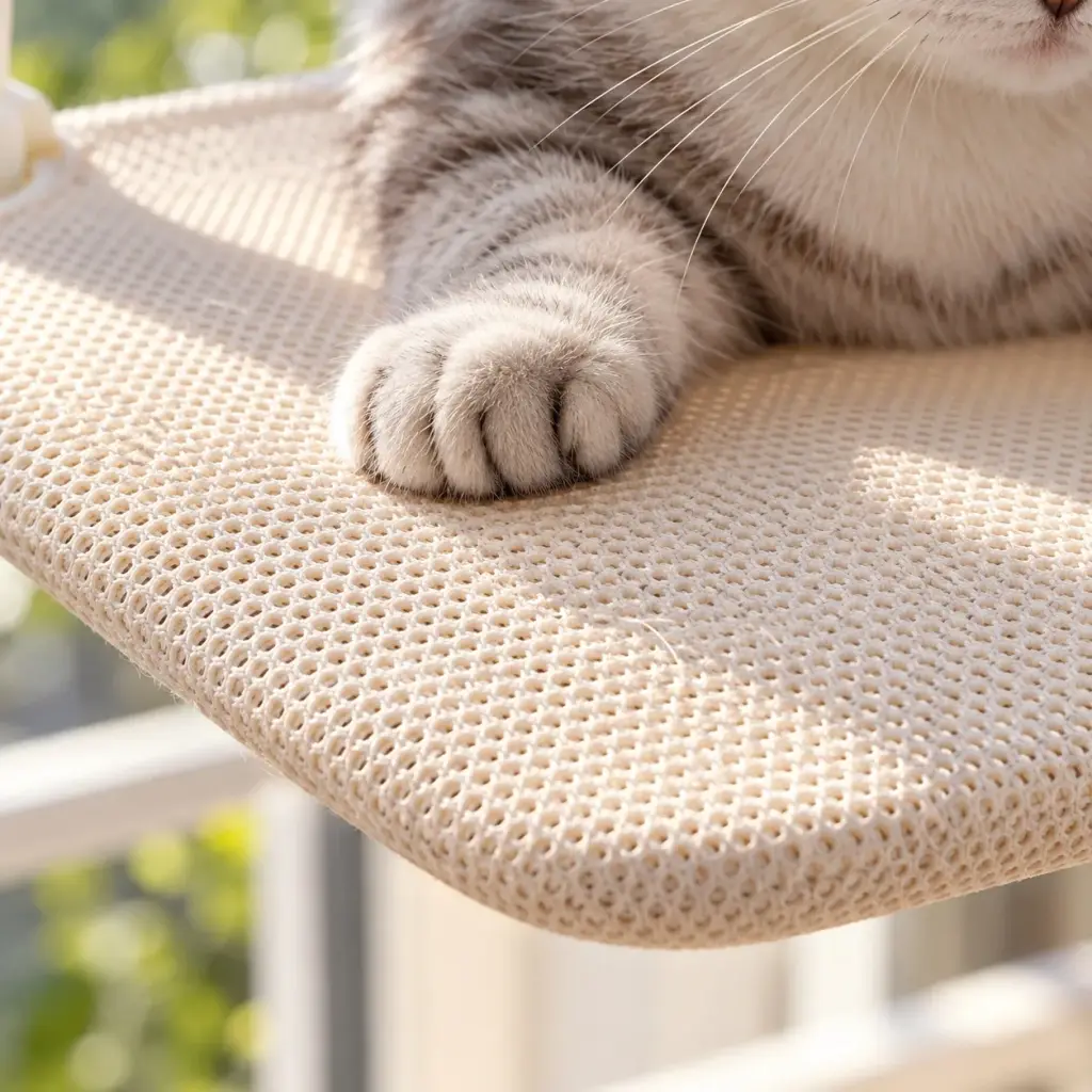 Nahaufnahme des atmungsaktiven Mesh-Bezugs der Fensterliege
