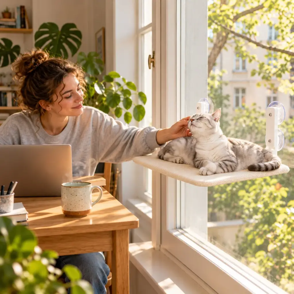 Frau am Schreibtisch im Homeoffice, daneben schaut der Kater von der Fensterliege hinaus