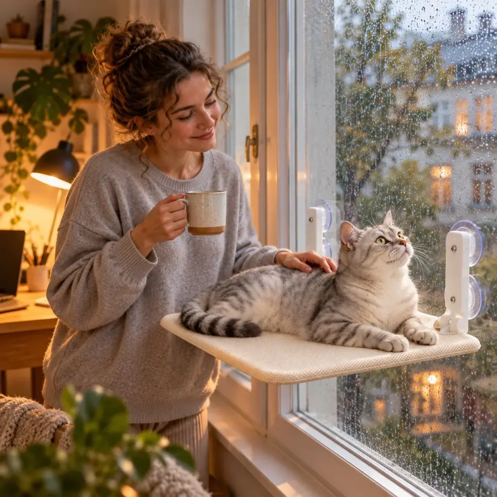 Kater auf der Fensterliege beobachtet Regentropfen, seine Besitzerin streichelt ihn mit einer Teetasse in der Hand