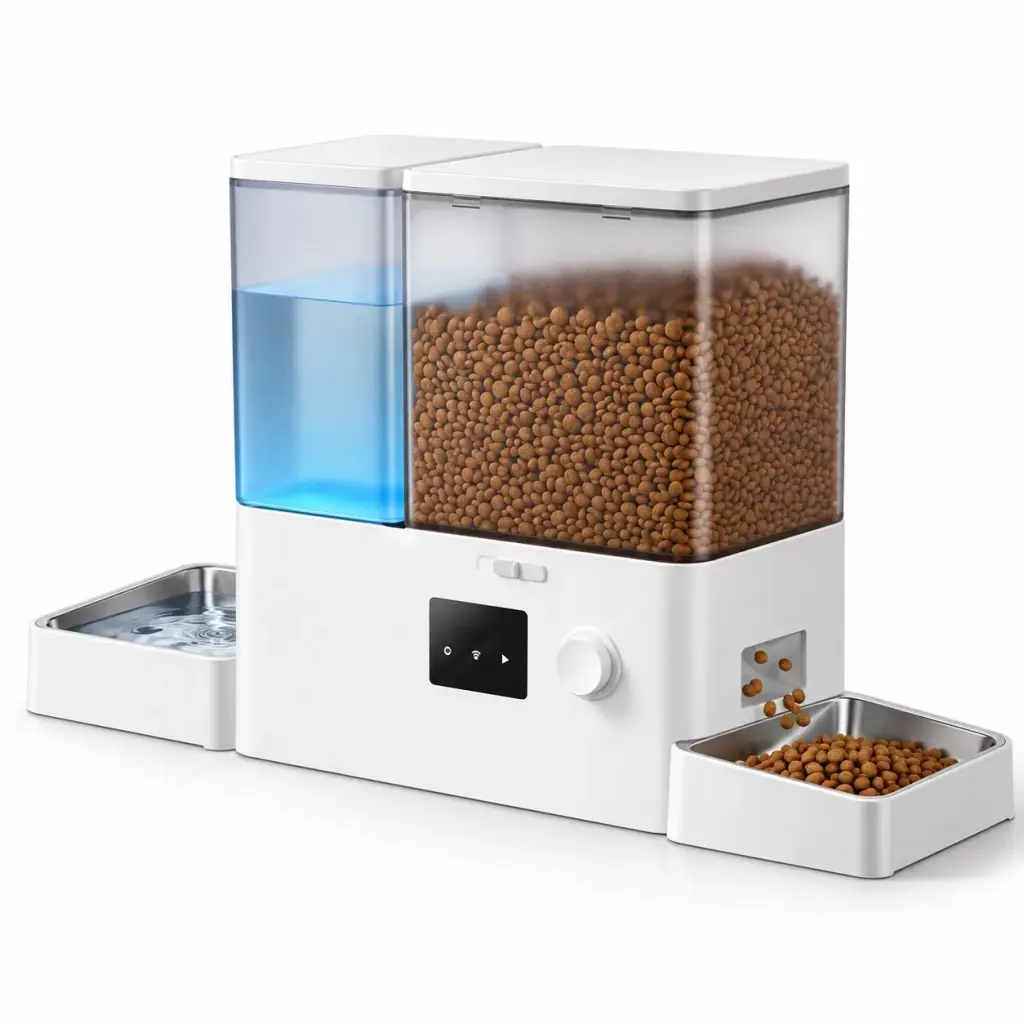 Weißer Futterautomat mit Wasserspender und zwei Edelstahlnäpfen auf weißem Hintergrund