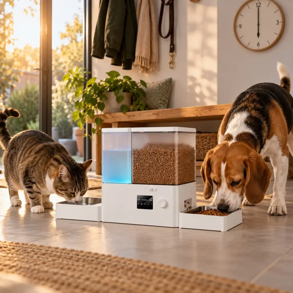 Beagle und getigerte Katze an einem 2-in-1-Futterautomaten im Flur eines Reihenhauses