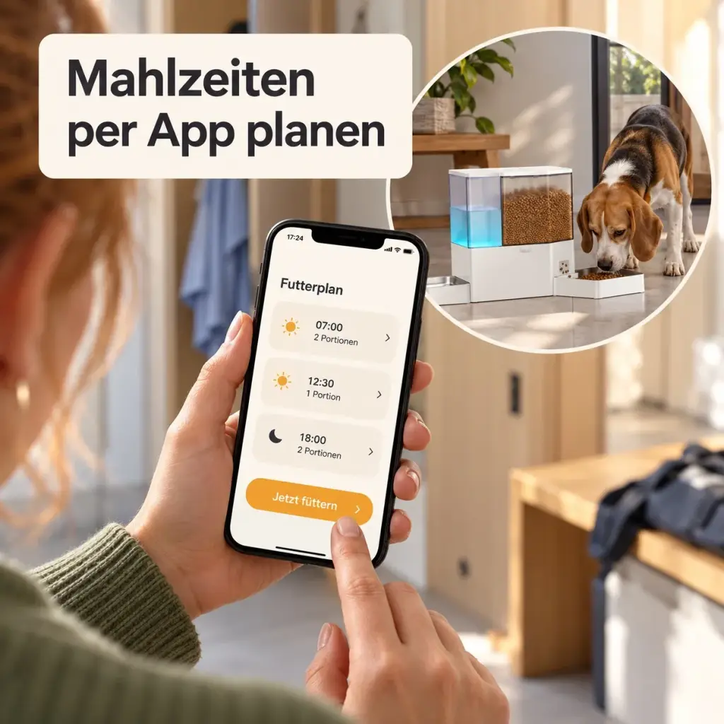 Smartphone mit Futterplan-App neben dem Futterautomaten