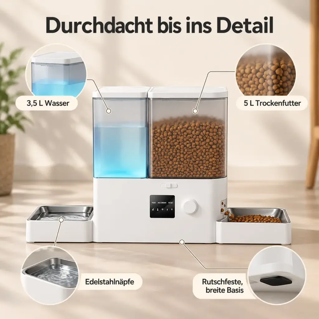 Detailansicht: Futterbehälter, Wasserbehälter, Tasten und Edelstahlnäpfe mit Beschriftung