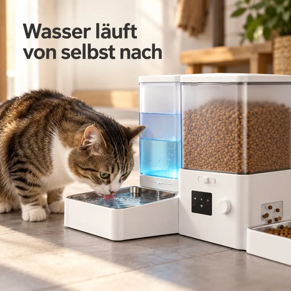 Wasser läuft aus dem Behälter automatisch in den Edelstahlnapf nach
