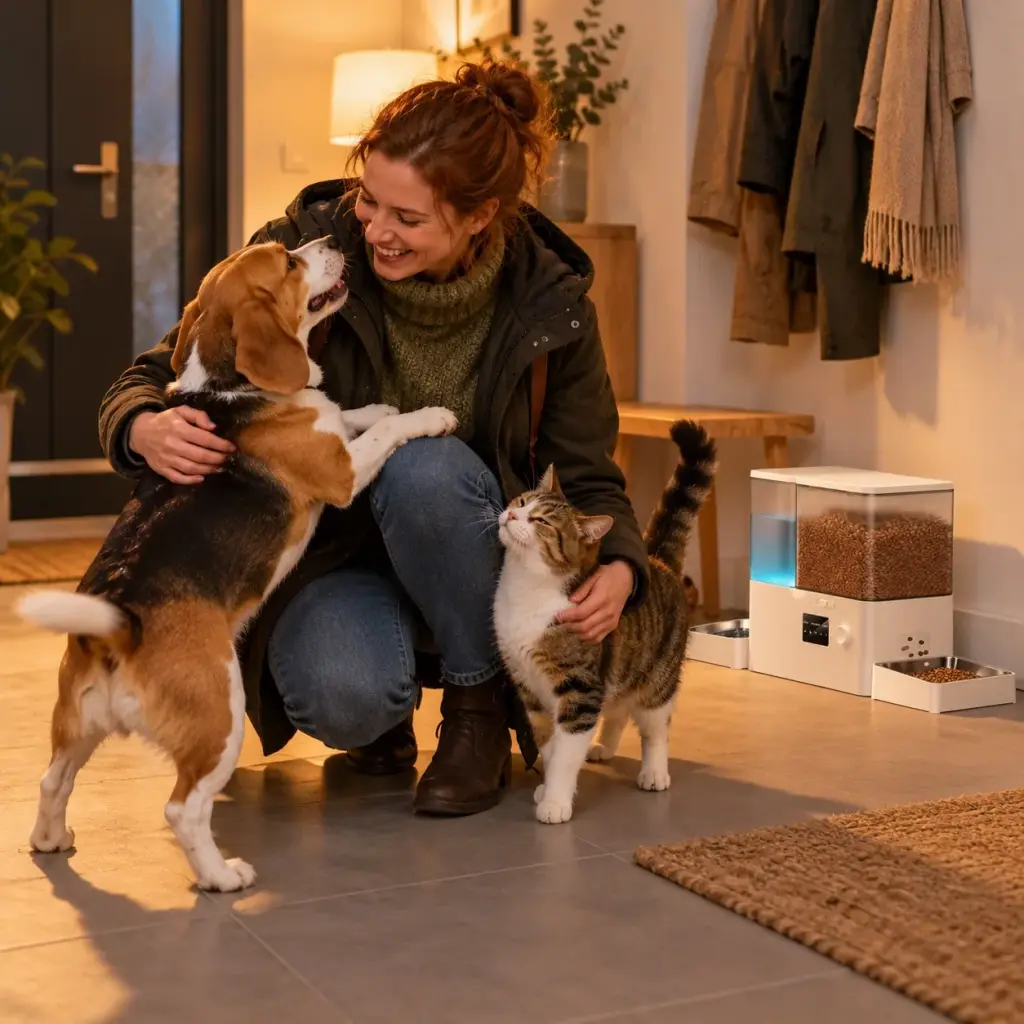 Pflegerin kommt nach der Spätschicht nach Hause und wird von Hund und Katze begrüßt