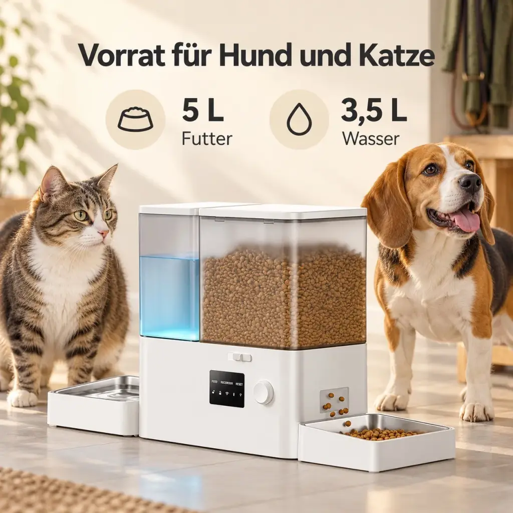 Futterautomat mit 5 Liter Futter und 3,5 Liter Wasser als Infografik