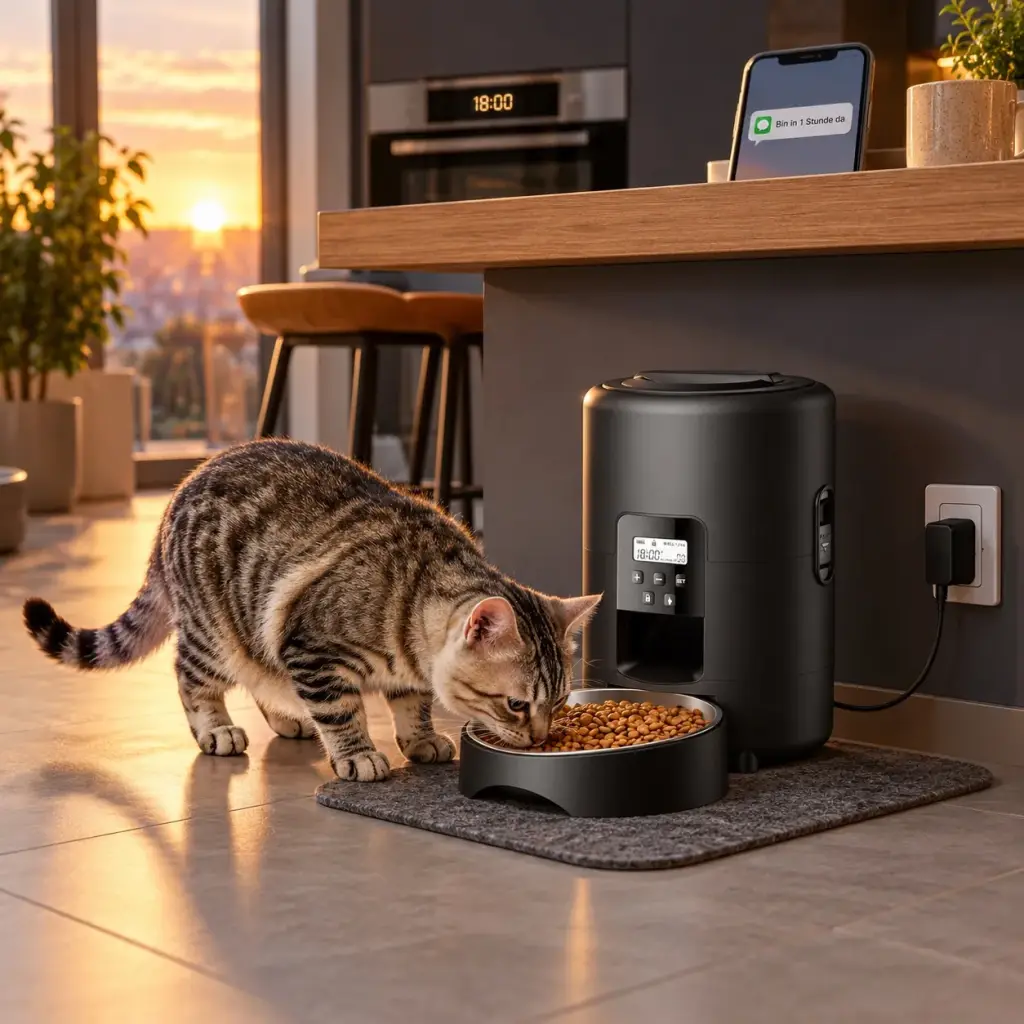Silbergetigerte Katze frisst am schwarzen Futterautomaten in einer modernen Küche