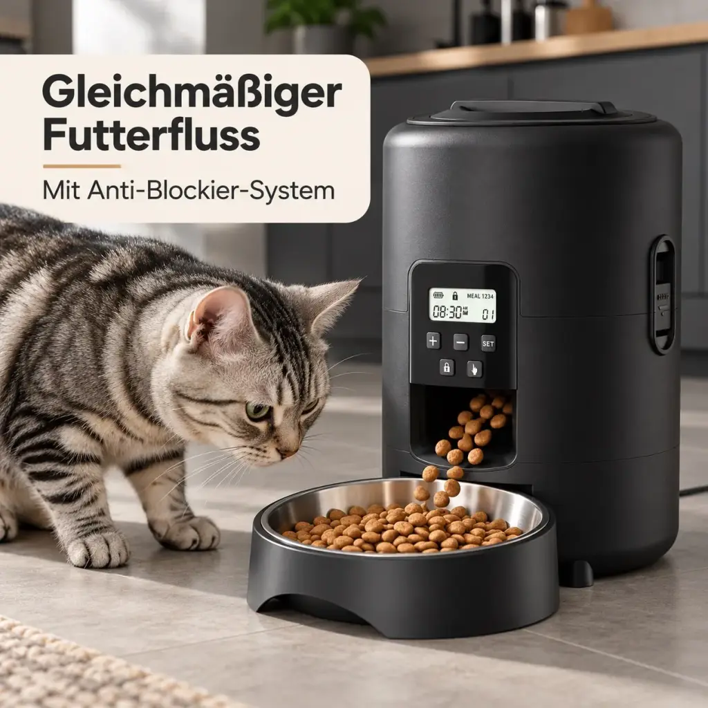 Trockenfutter fällt gleichmäßig in den Edelstahlnapf
